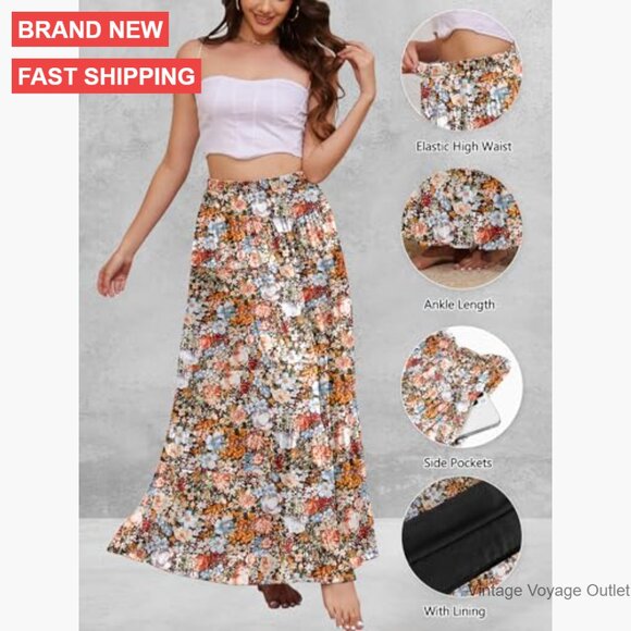 High Waisted Maxi Skirt with Pockets A-Line Pleated Long Casual - Picture 4 of 7